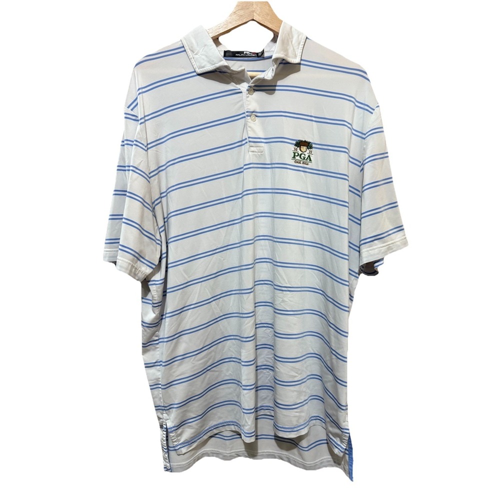 Polo Ralph Lauren RLX Golf White Blue Stripes Polo PGA Oak Hill Shirt Mens XL